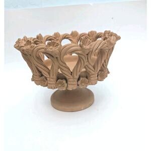 Handmade Terracotta Pedestal Compote Mexico Folk Art Floral Open Weave Vintage